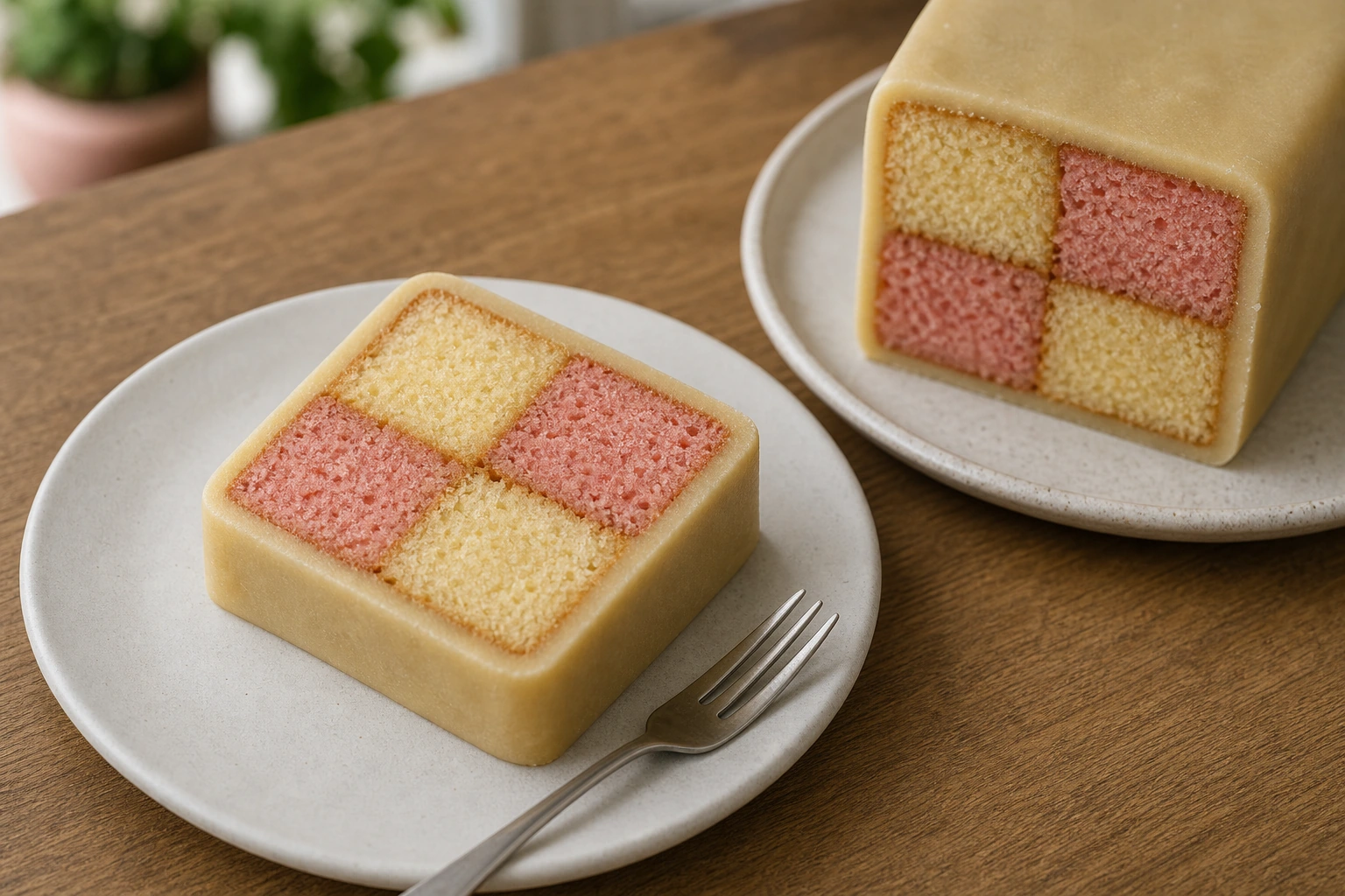 Traditional Battenburg cake with pink and yellow sponge checkerboard, wrapped in marzipan
