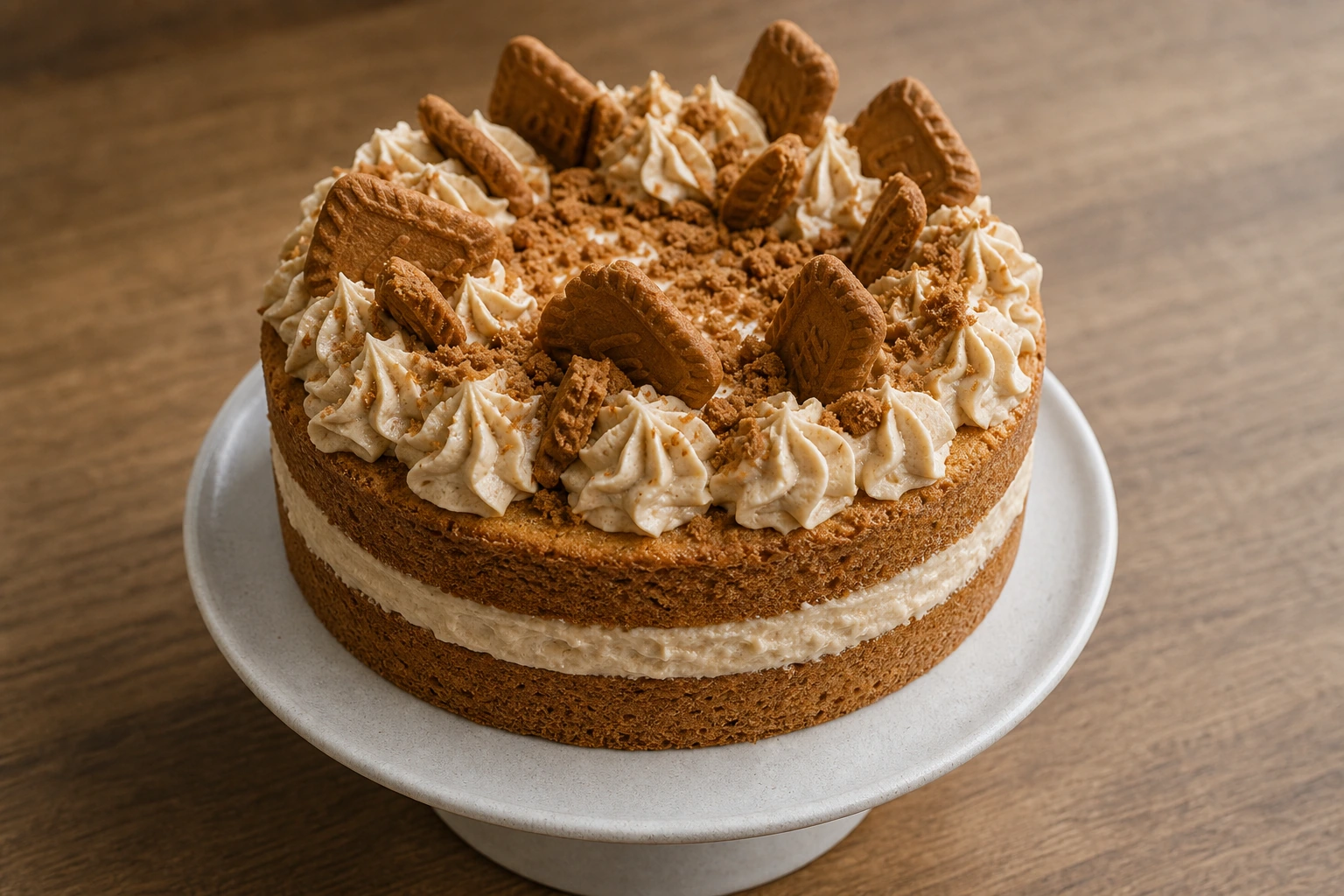 Biscoff cake with piped buttercream and Biscoff biscuits arranged around the top