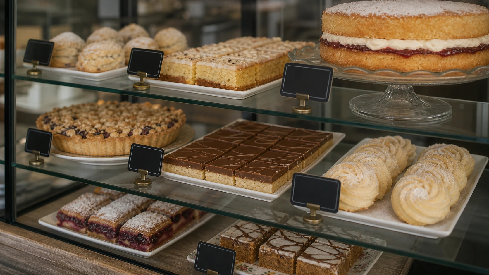 Tilly's cake counter — scones, tray bakes, Victoria sponge, millionaire shortbread and cherry frangipane