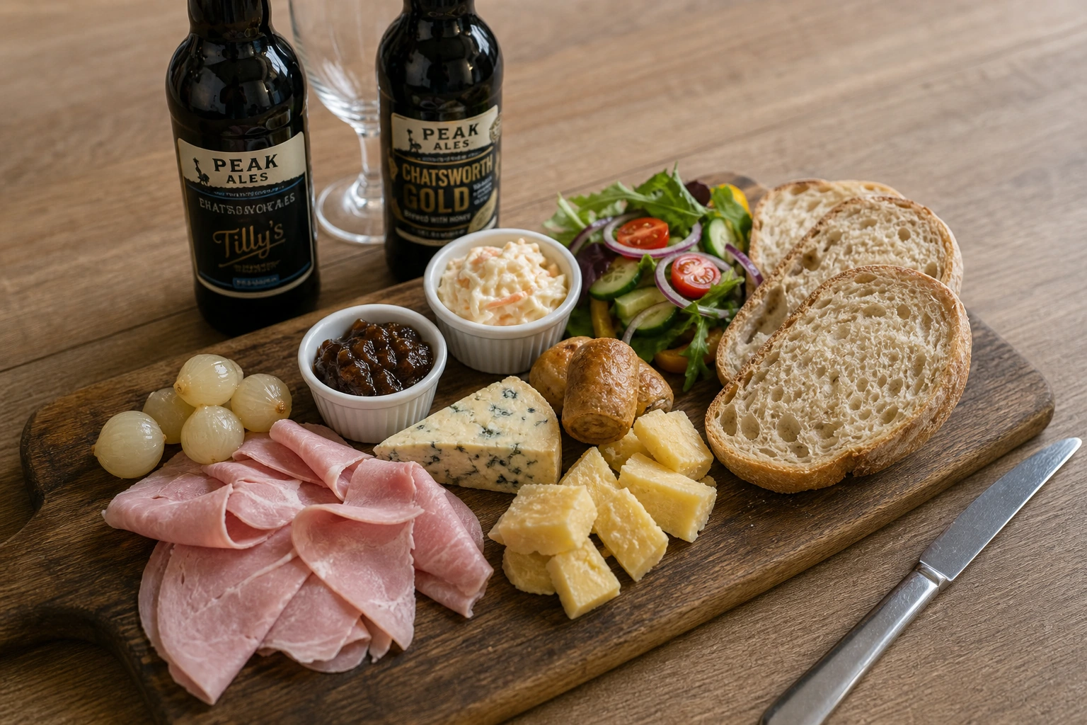 Ploughman's board — ham, cheddar, blue cheese, chutney, coleslaw, pickled onions and warm bread with two bottles of Peak Ales