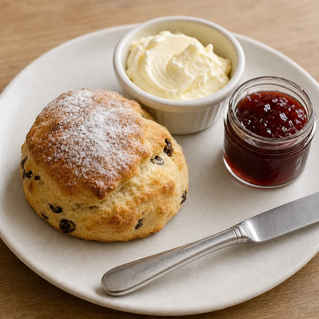 A fruit scone with clotted cream in a ramekin and strawberry preserve in a small jar