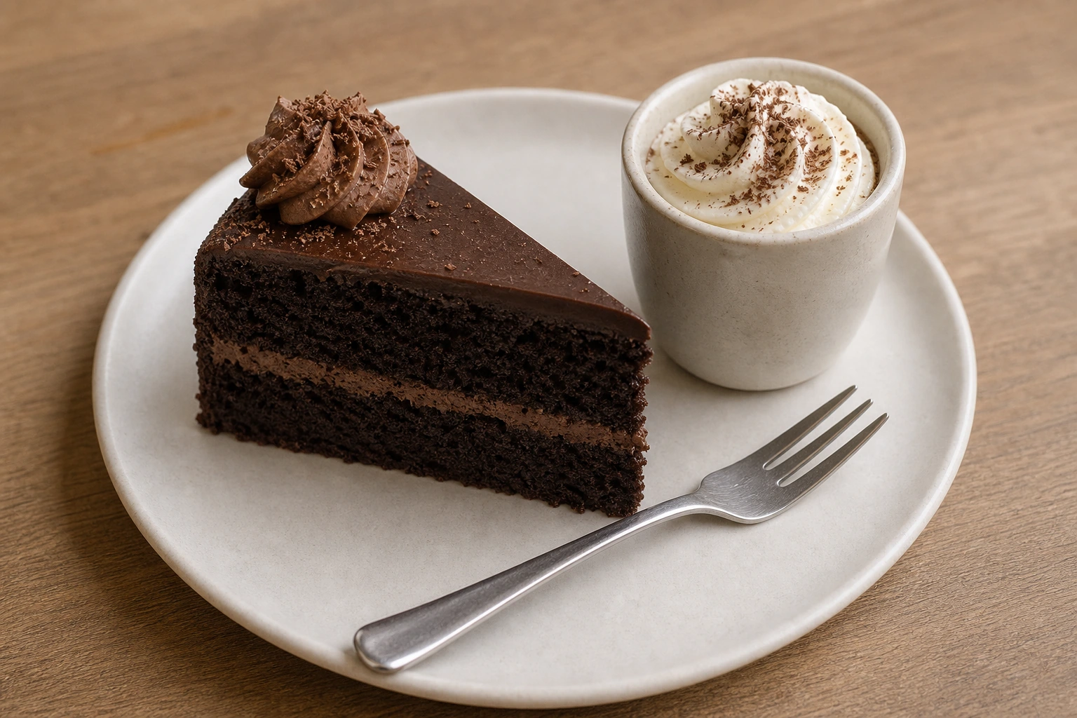 A slice of chocolate cake with a small pot of whipped cream on a linen-white plate