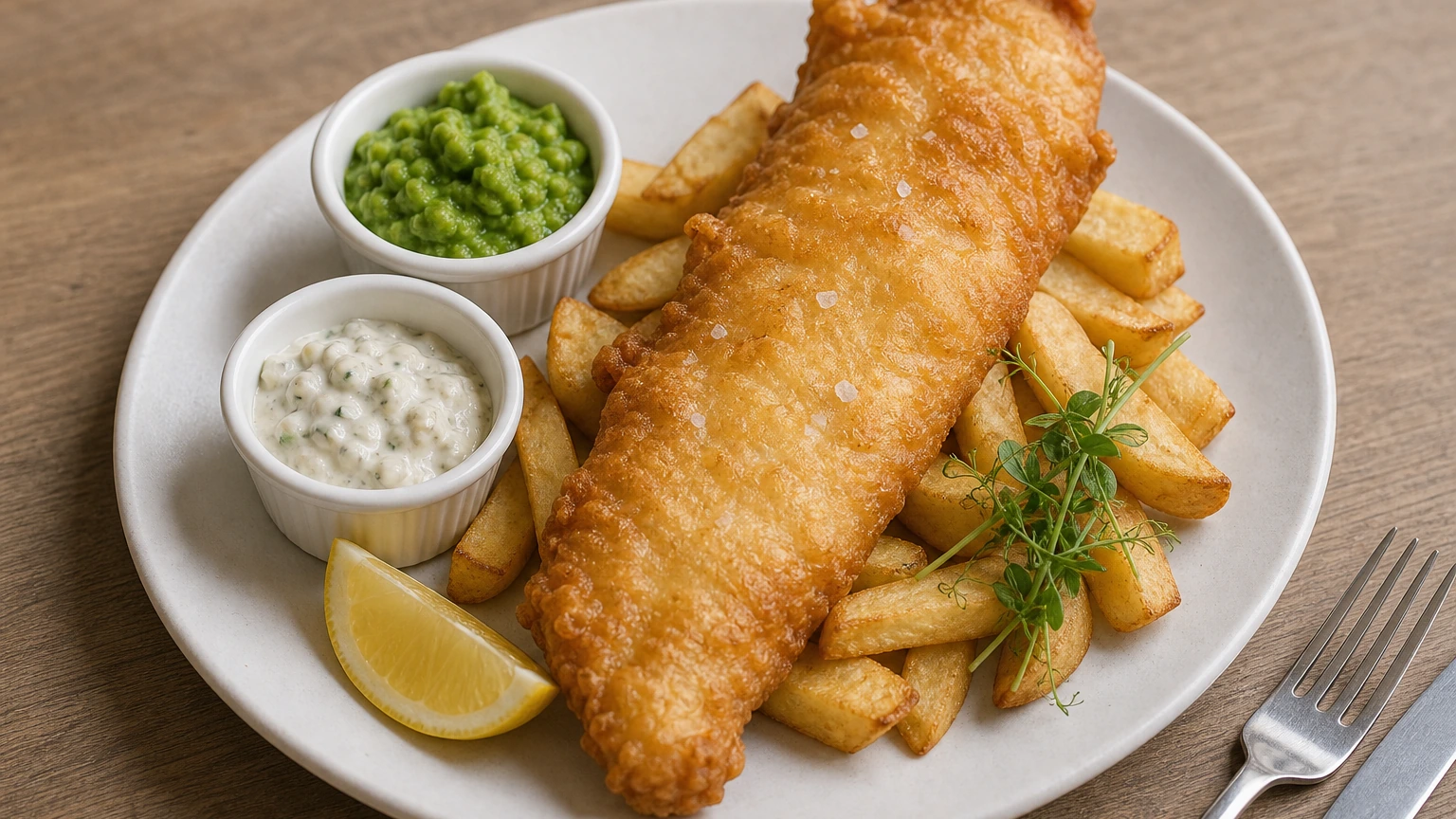 Beer-battered haddock with hand-cut chips, mushy peas, tartare and lemon