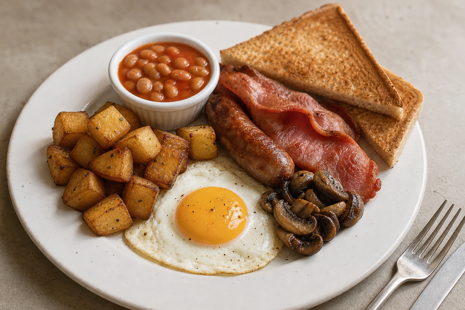 Full English breakfast — egg, sausage, bacon, mushrooms, beans, sauté potatoes and toast
