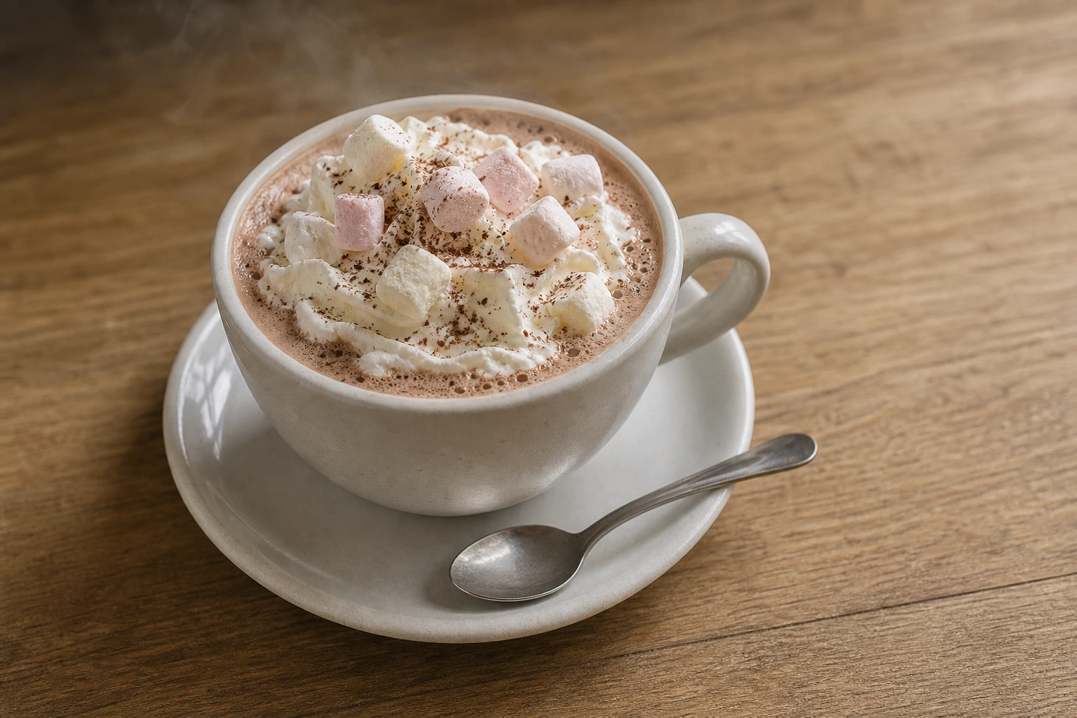 A cup of hot chocolate crowned with whipped cream, marshmallows and grated chocolate