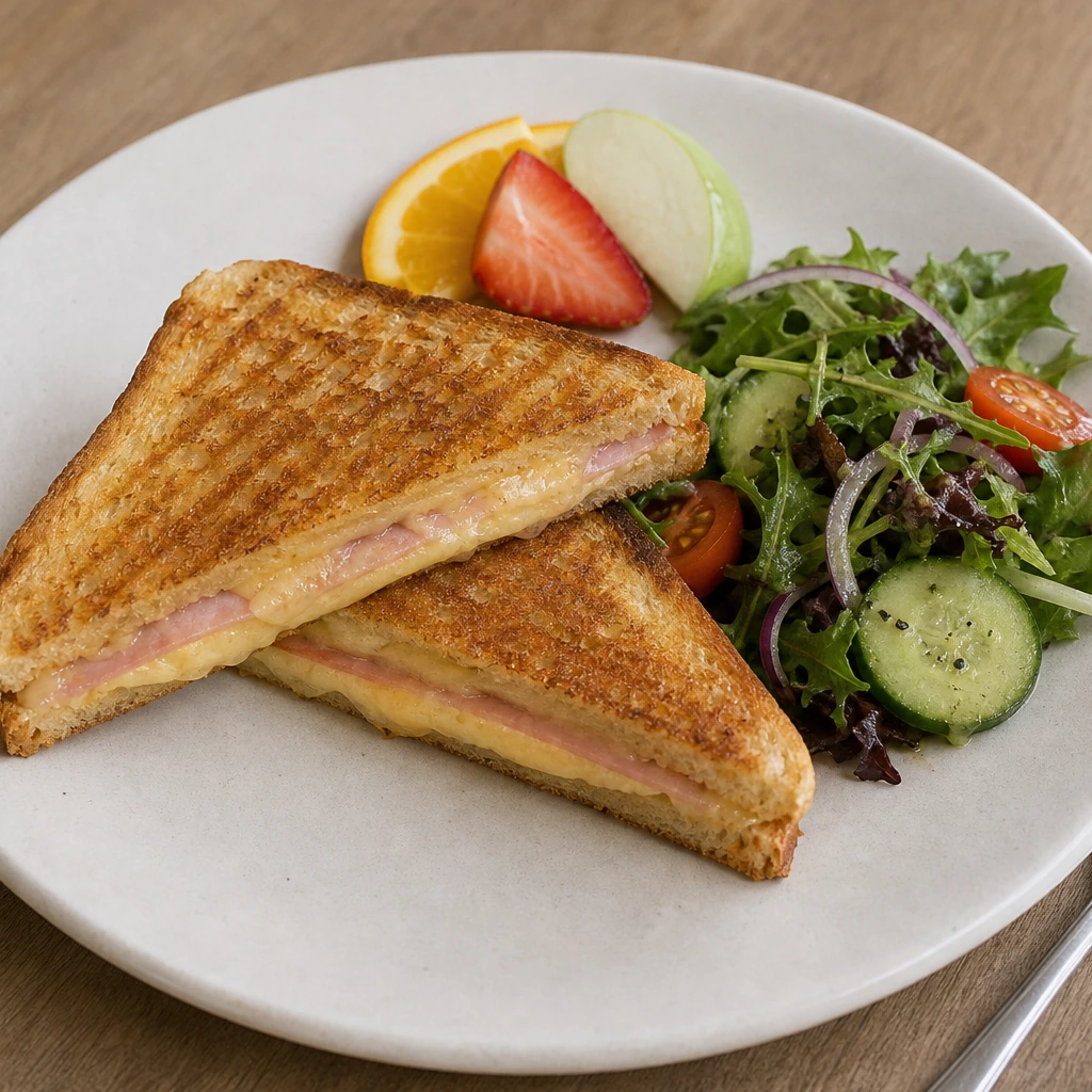 Grilled ham and cheese toastie with garden salad and fruit