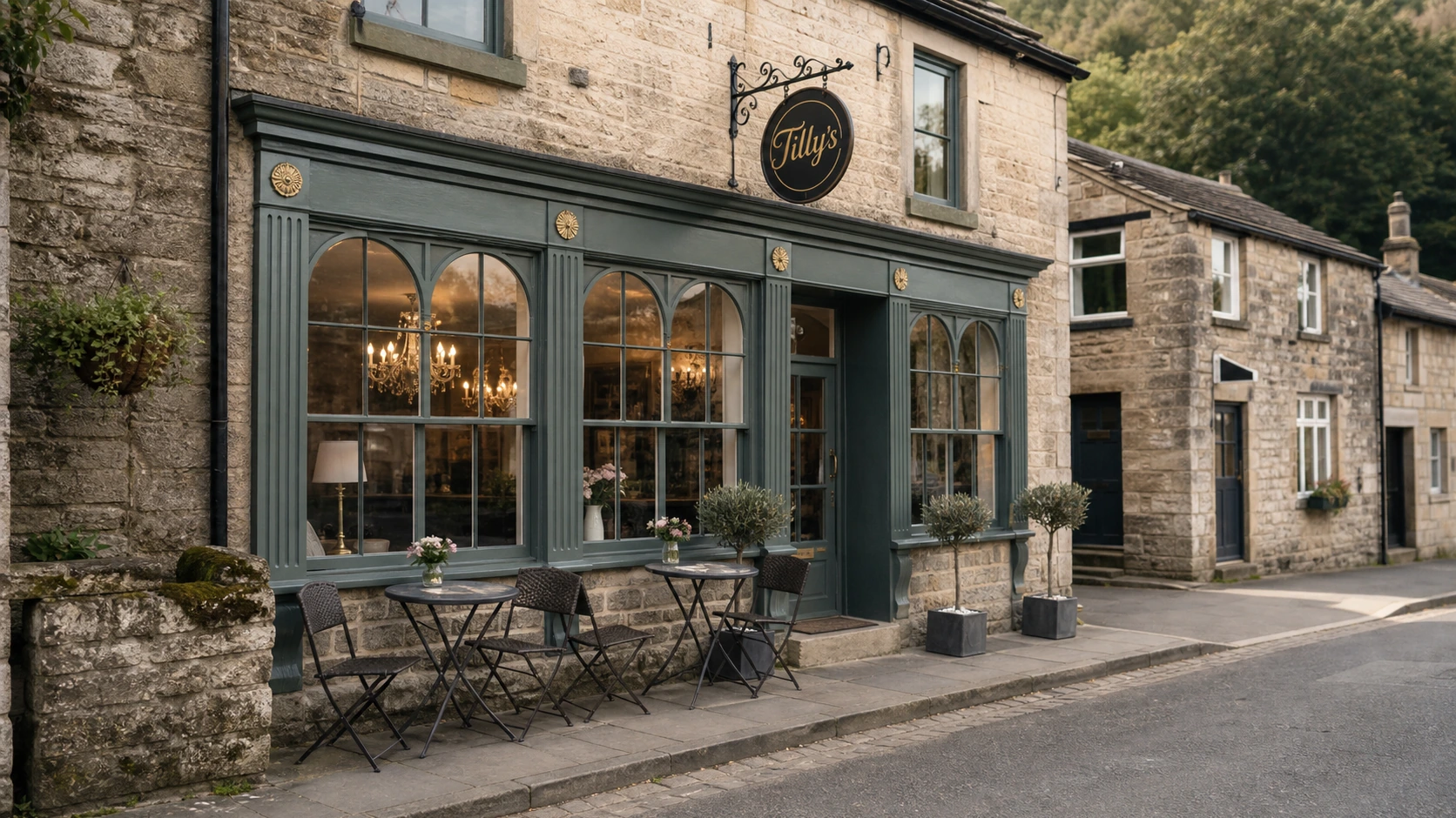 Tilly's of Castleton frontage on Cross Street, olive trees at the door and bistro tables outside